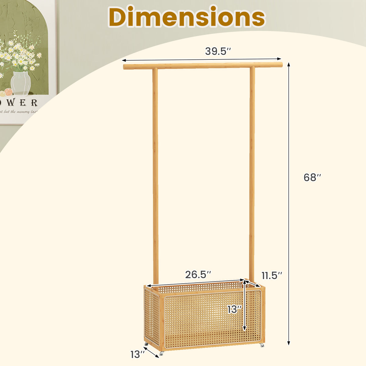 Bamboo Clothes Rack with Rattan Storage Basket and Wheels