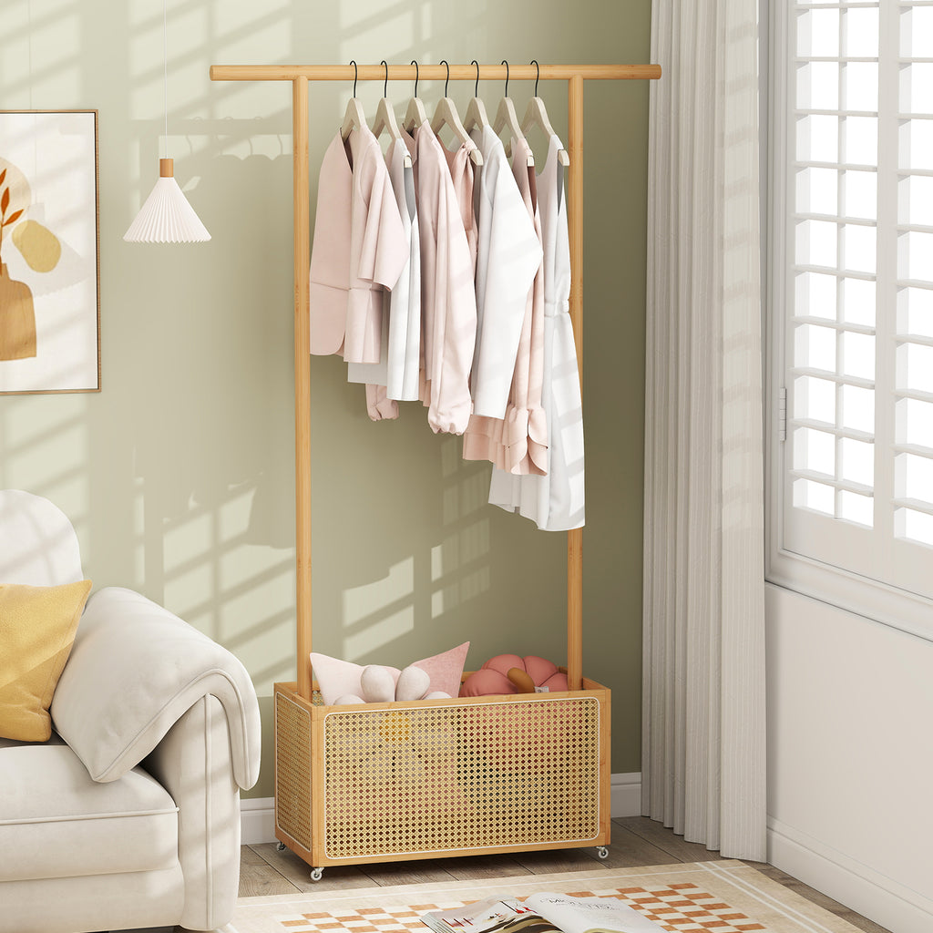 Bamboo Clothes Rack with Rattan Storage Basket and Wheels