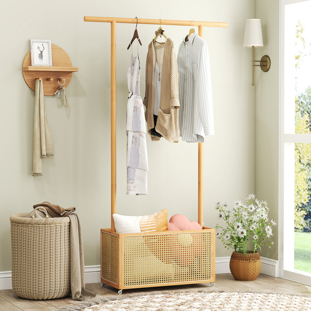 Bamboo Clothes Rack with Rattan Storage Basket and Wheels