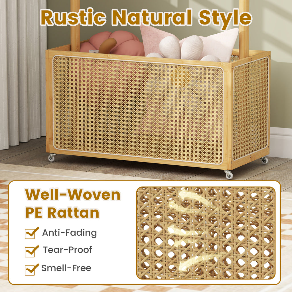 Bamboo Clothes Rack with Rattan Storage Basket and Wheels
