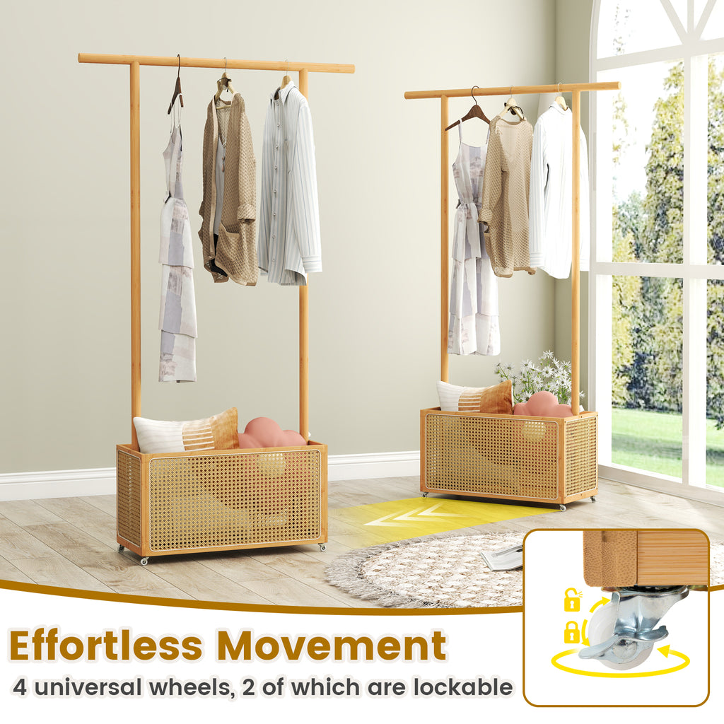 Bamboo Clothes Rack with Rattan Storage Basket and Wheels