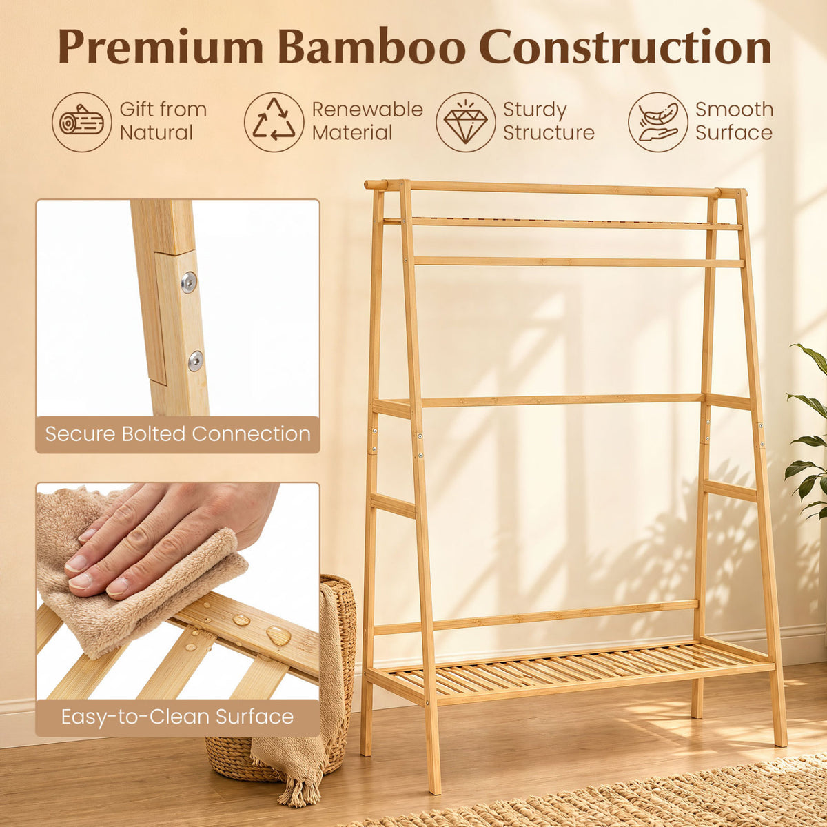 Bamboo Garment Rack with Storage Shelves - Natural