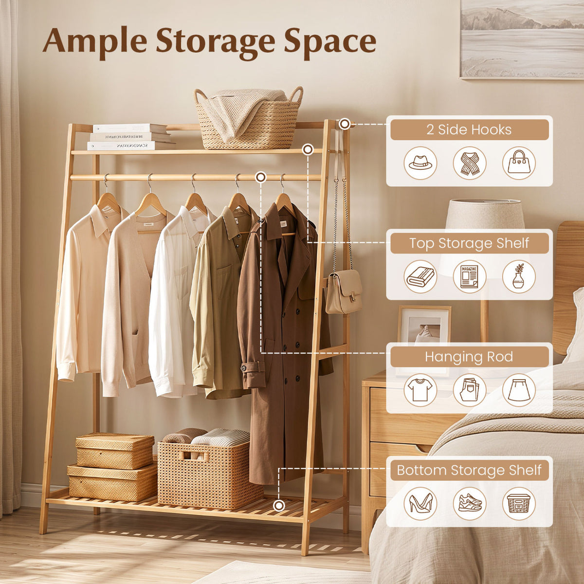 Bamboo Garment Rack with Storage Shelves - Natural