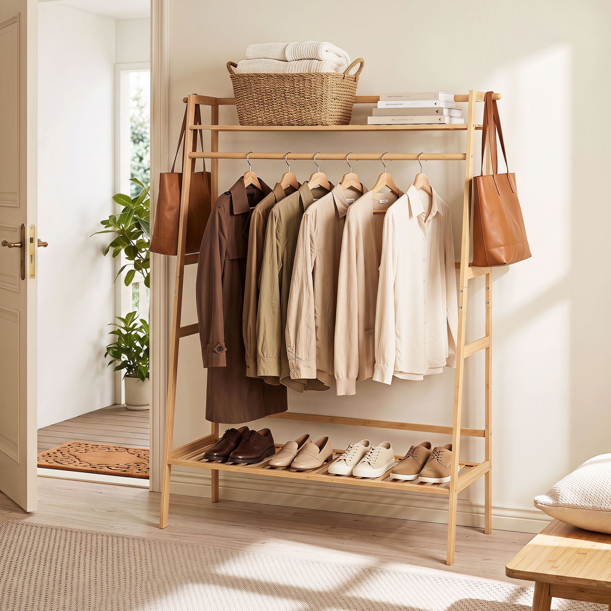 Bamboo Garment Rack with Storage Shelves - Natural