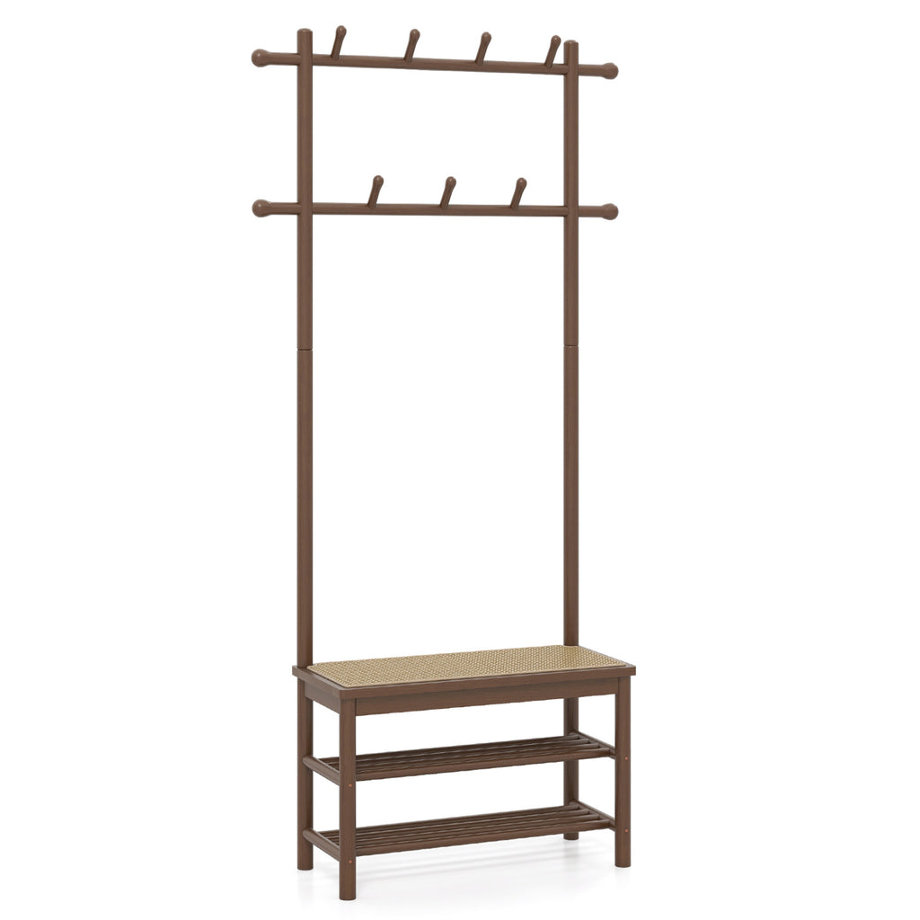 Bamboo Coat Rack with Bench and Shoe Storage - Brown