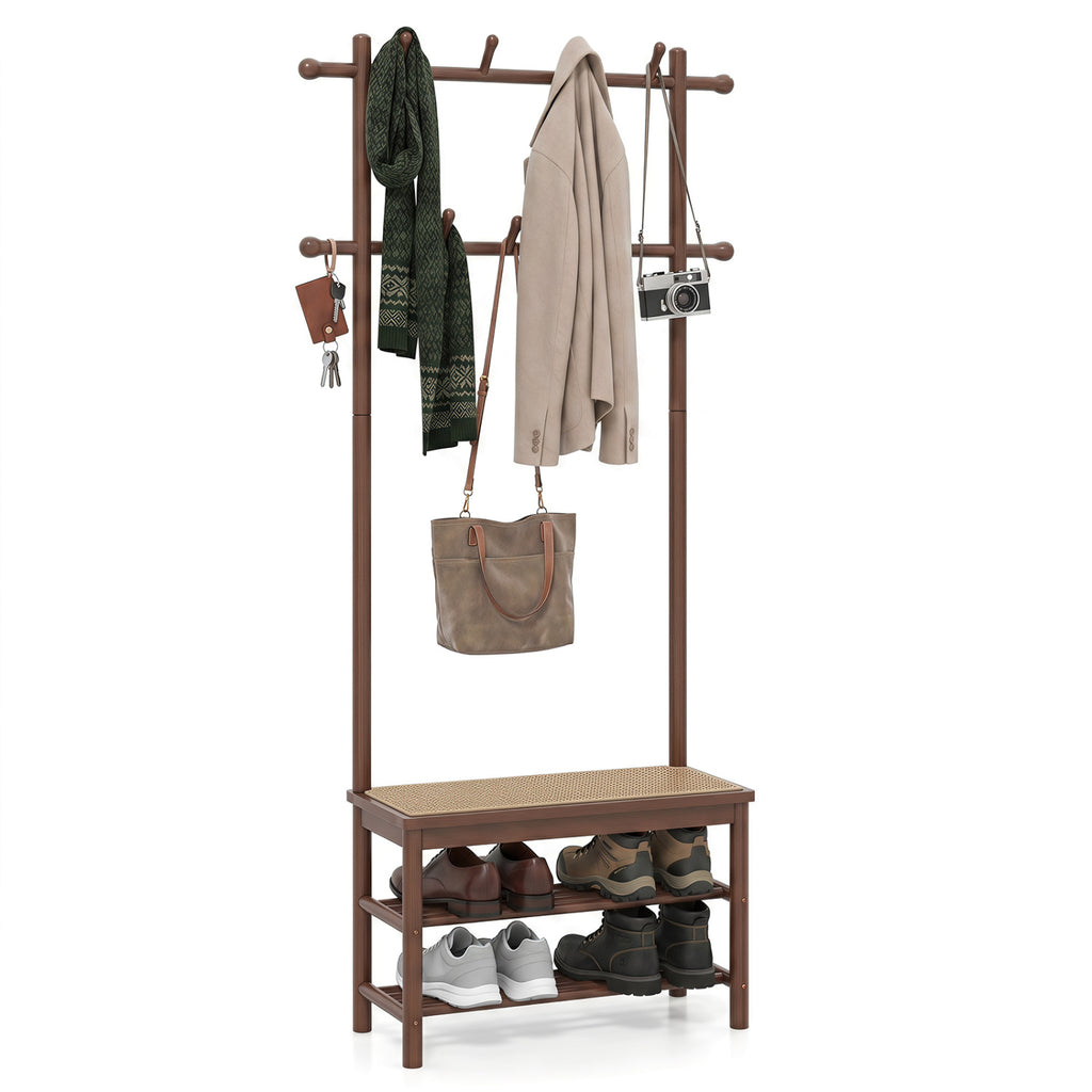 Bamboo Coat Rack with Bench and Shoe Storage - Brown