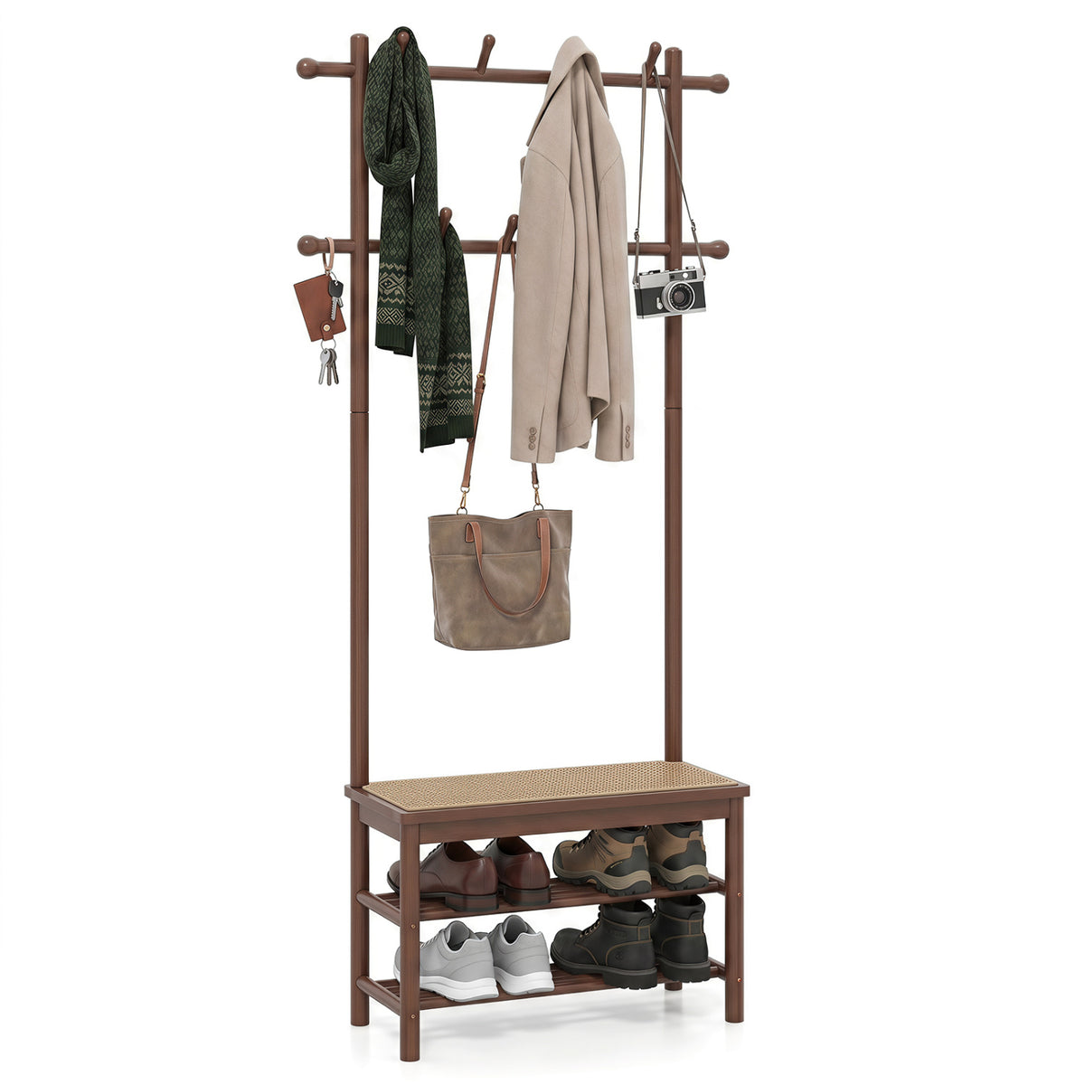 Bamboo Coat Rack with Bench and Shoe Storage - Brown