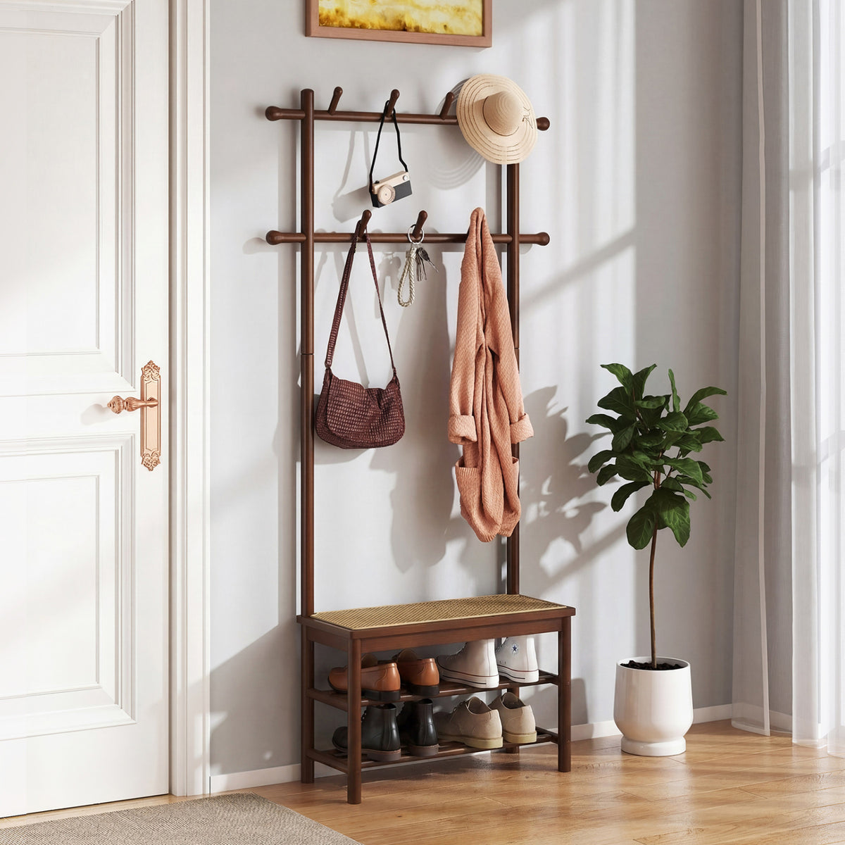 Bamboo Coat Rack with Bench and Shoe Storage - Brown