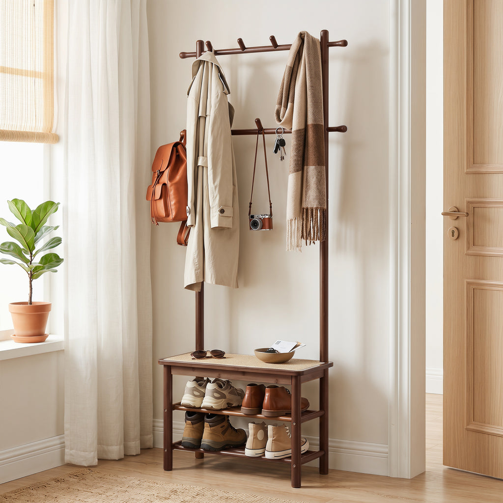 Bamboo Coat Rack with Bench and Shoe Storage - Brown