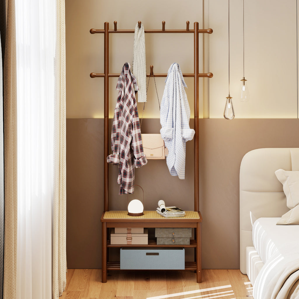 Bamboo Coat Rack with Bench and Shoe Storage - Brown
