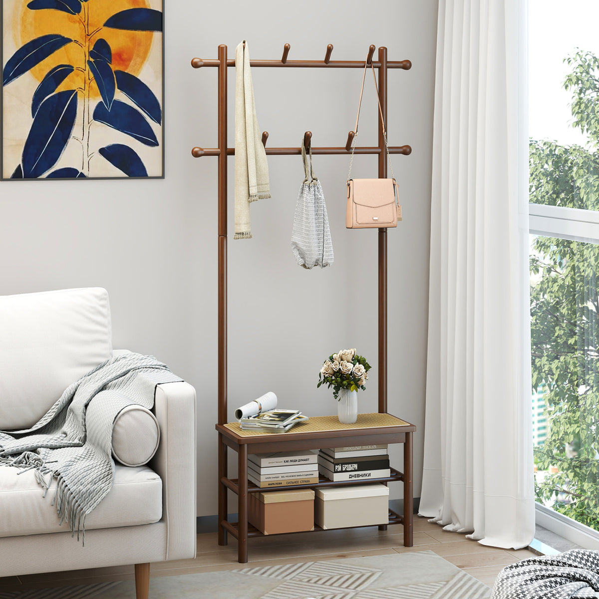 Bamboo Coat Rack with Bench and Shoe Storage - Brown