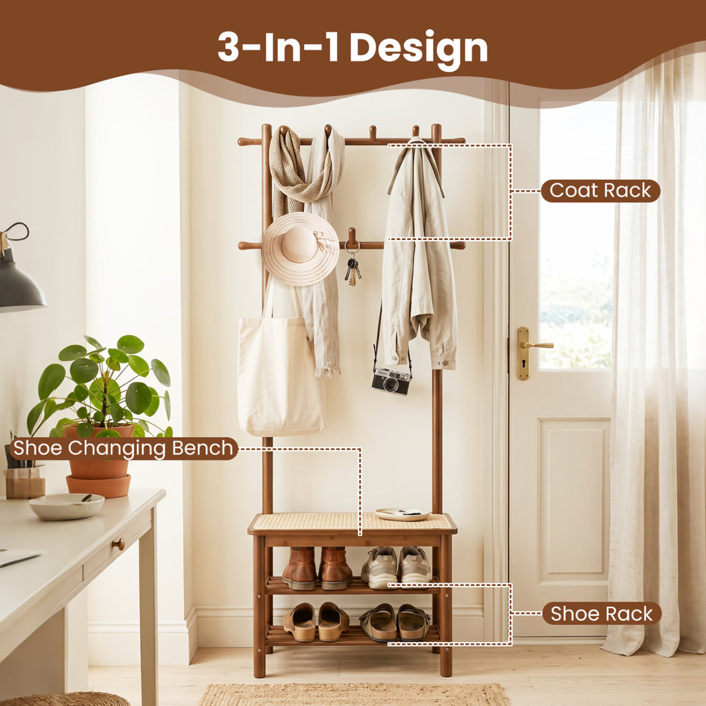 Bamboo Coat Rack with Bench and Shoe Storage - Brown