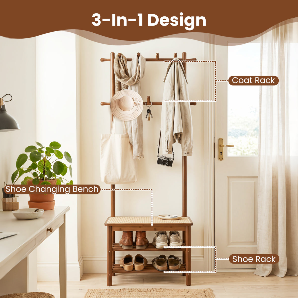 Bamboo Coat Rack with Bench and Shoe Storage - Brown