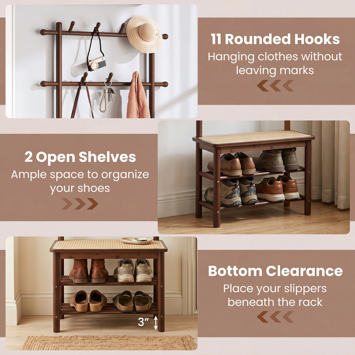Bamboo Coat Rack with Bench and Shoe Storage - Brown