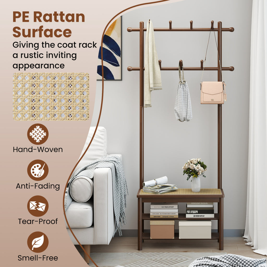 Bamboo Coat Rack with Bench and Shoe Storage - Brown