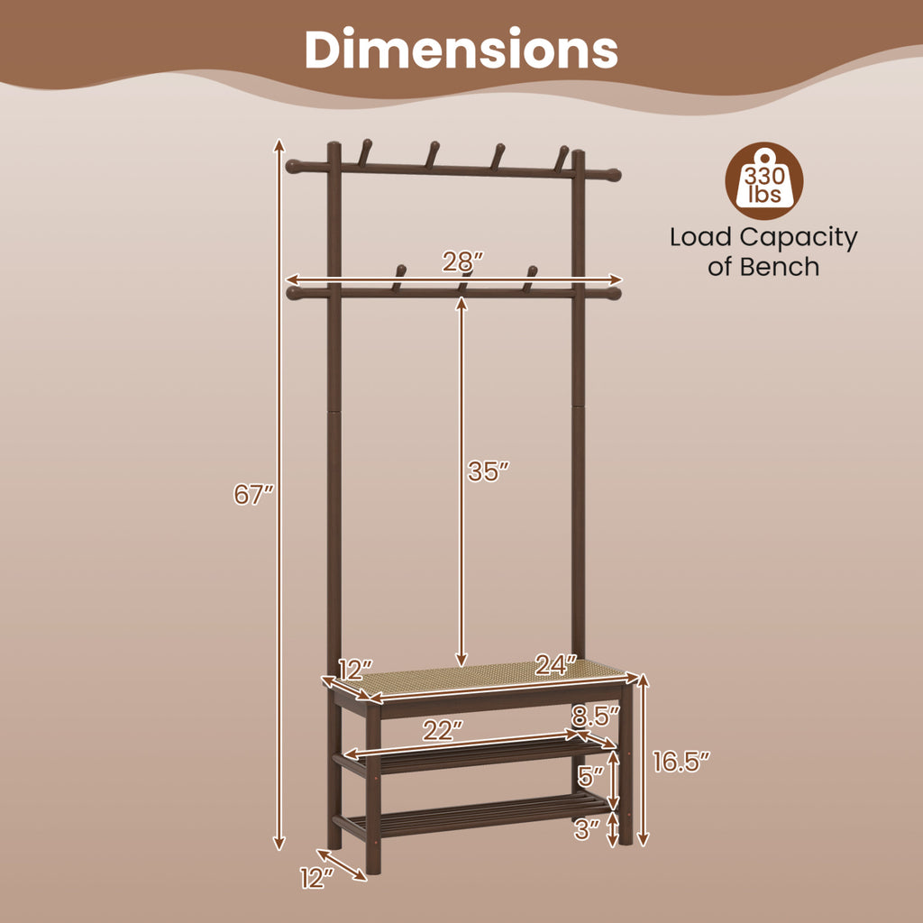 Bamboo Coat Rack with Bench and Shoe Storage - Brown