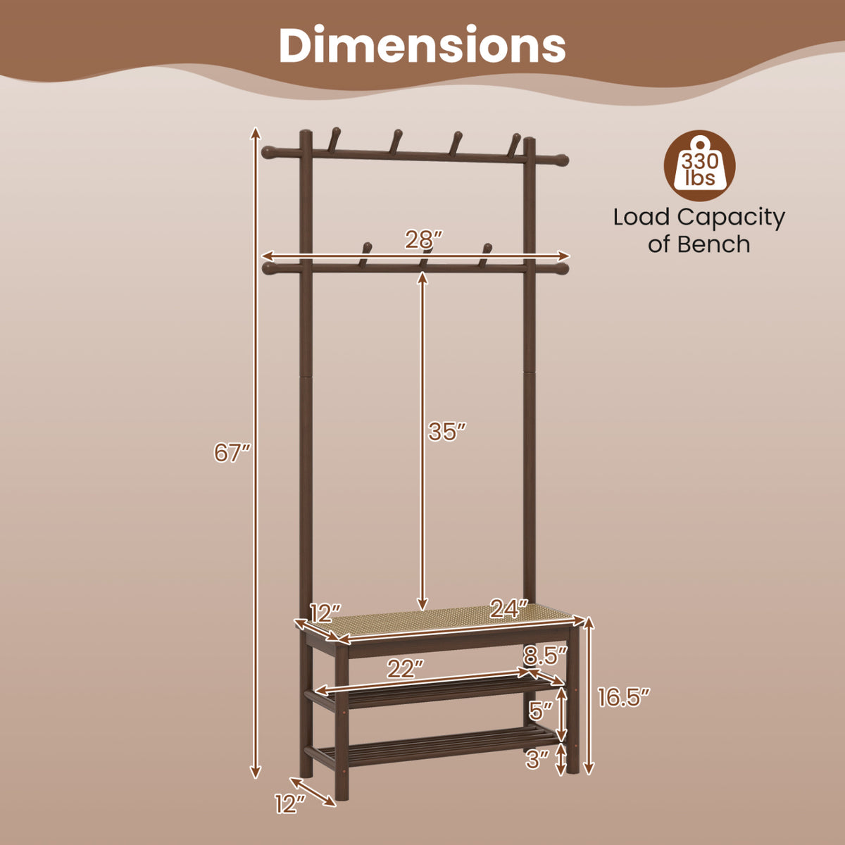 Bamboo Coat Rack with Bench and Shoe Storage - Brown