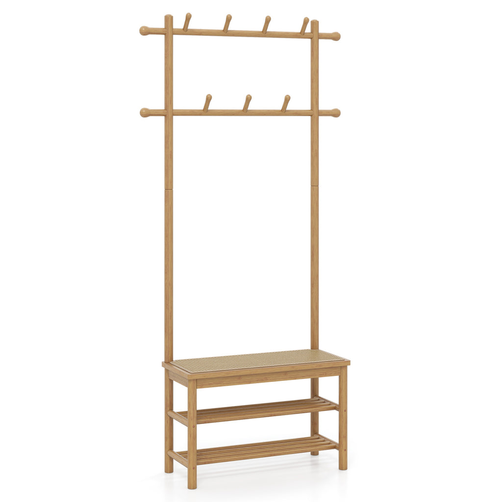 Wooden Coat Tree with 3 Shelves & 9 Hooks