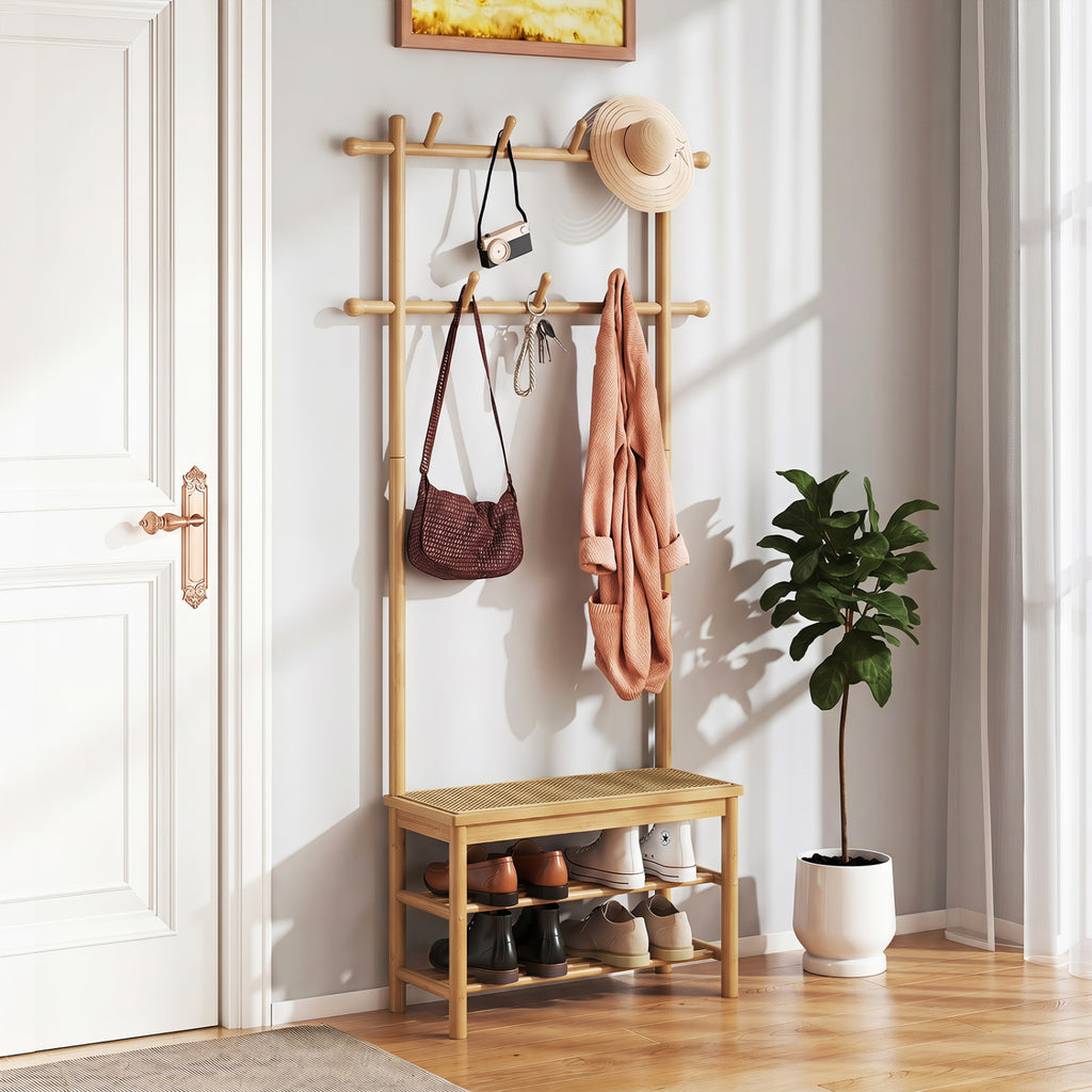 Bamboo Coat Rack with Bench and Shoe Storage - Brown