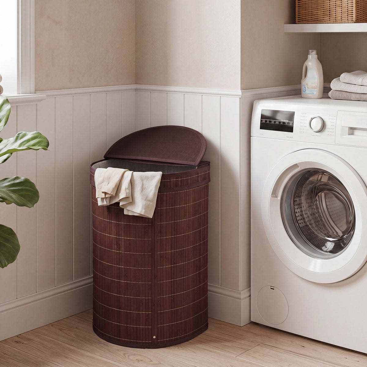 Bamboo Laundry Hamper, 19 Gallons - Semi-cylinder, Black