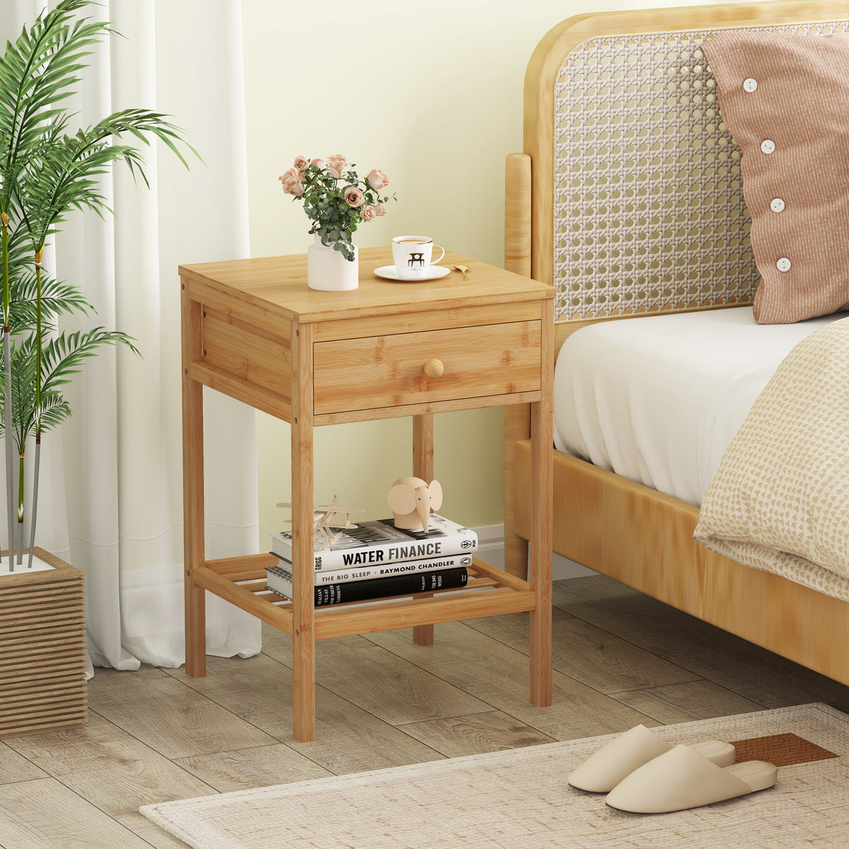 Bamboo Nightstand Bedside Table with Drawer and Shelf