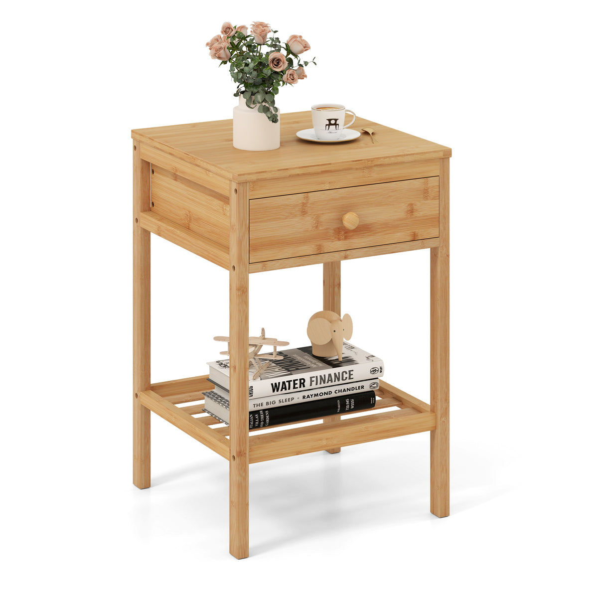 Bamboo Nightstand with 2 Open Shelves and Drawer