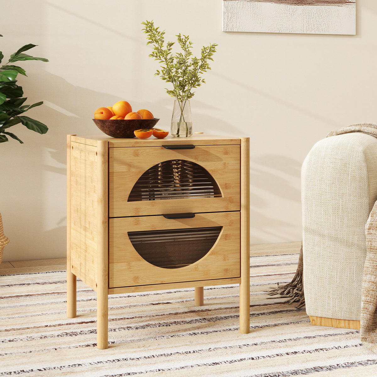 Bamboo Nightstand with Glass Drawers, Natural