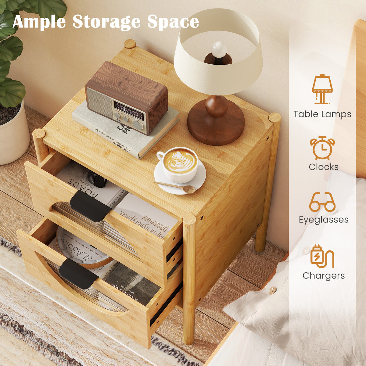 Bamboo Nightstand with Glass Drawers, Natural