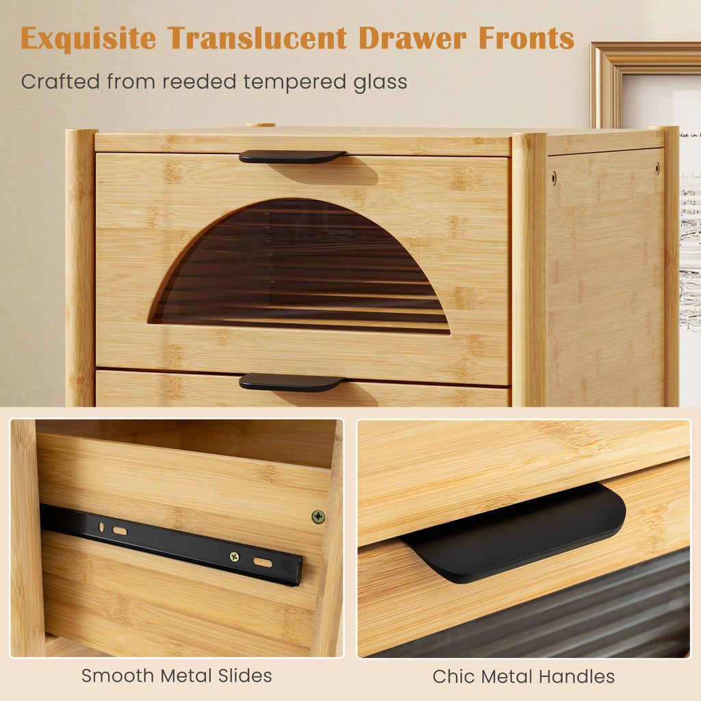 Bamboo Nightstand with Glass Drawers, Natural