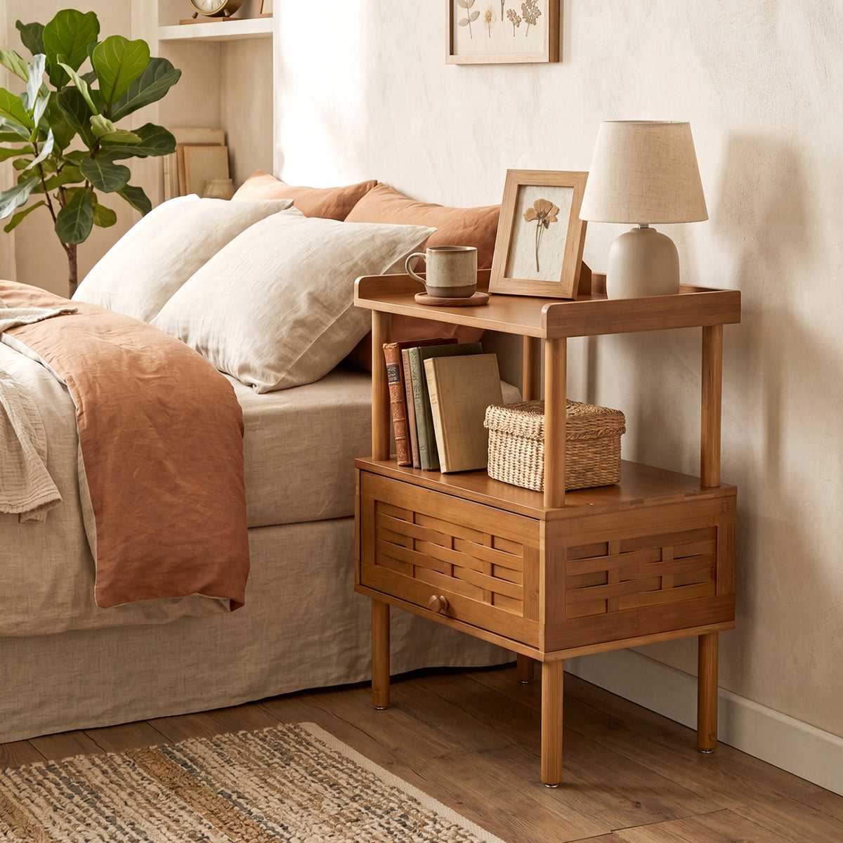 Bamboo Rattan Nightstand with Flip-Up Door & Shelf - Walnut