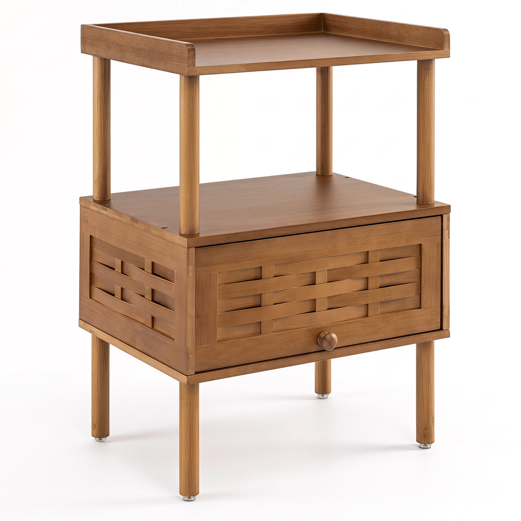 Bamboo Rattan Nightstand with Flip-Up Door & Shelf - Walnut
