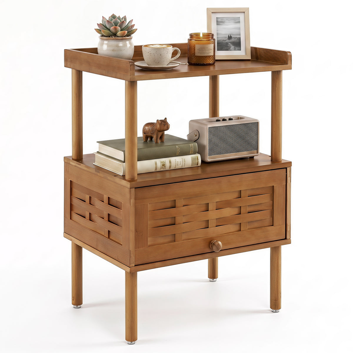 Bamboo Rattan Nightstand with Flip-Up Door & Shelf - Walnut