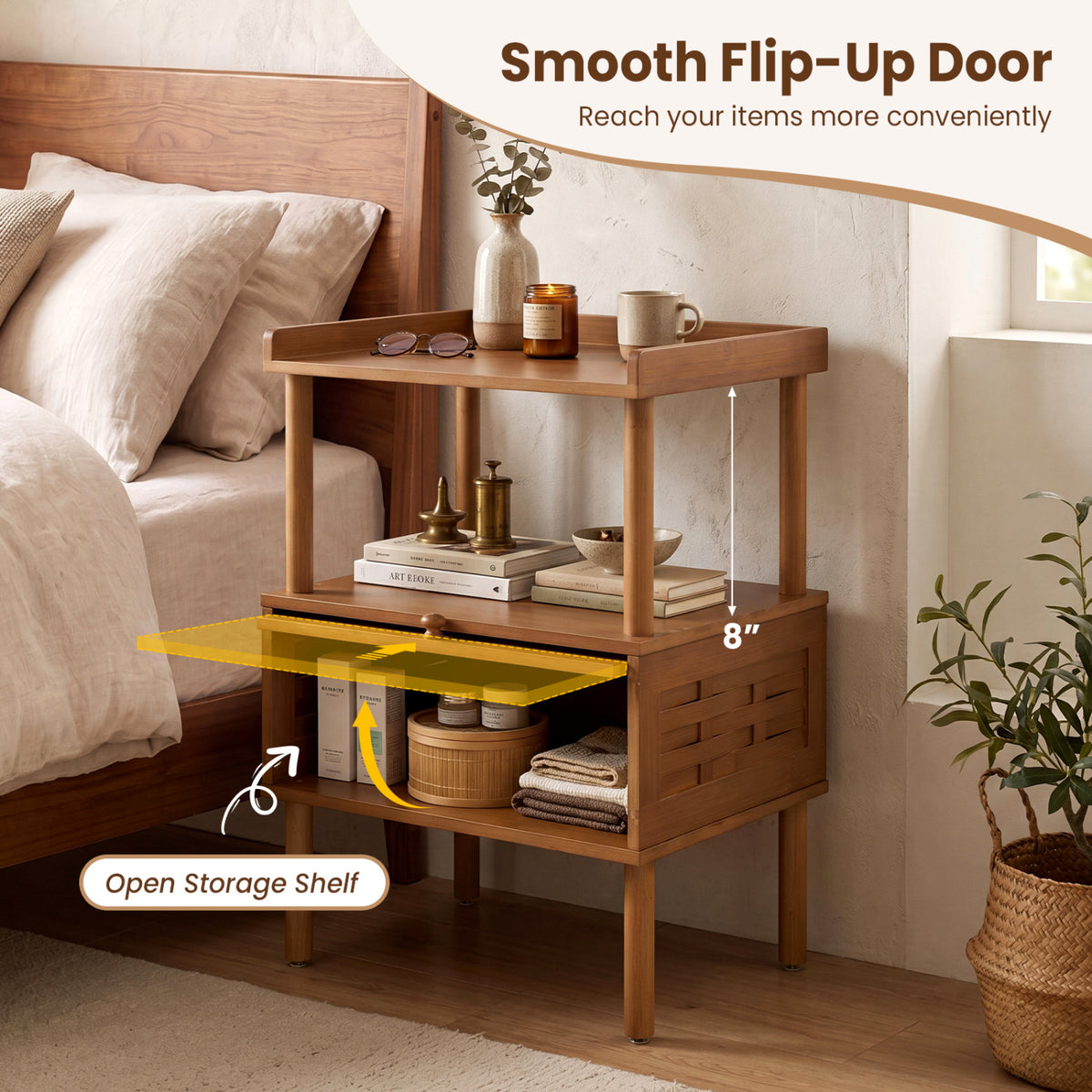 Bamboo Rattan Nightstand with Flip-Up Door & Shelf - Walnut