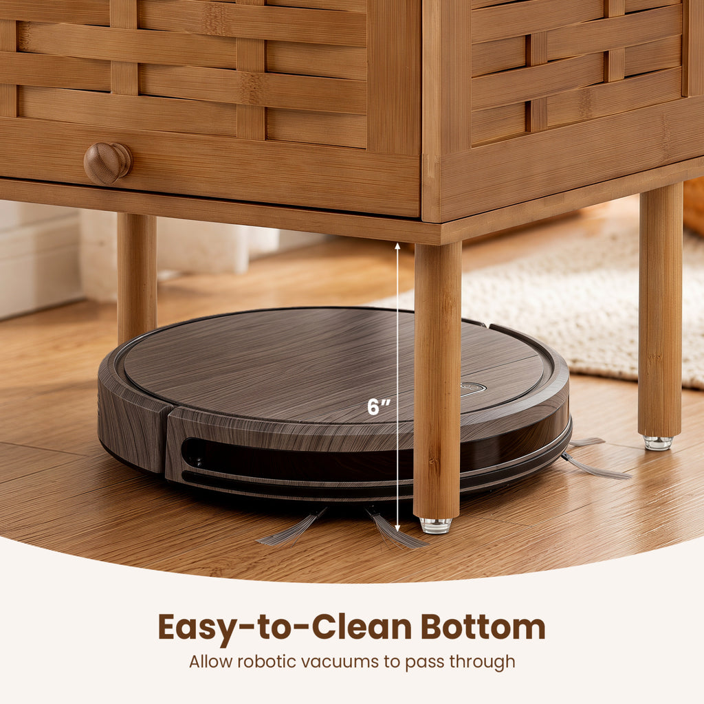 Bamboo Rattan Nightstand with Flip-Up Door & Shelf - Walnut