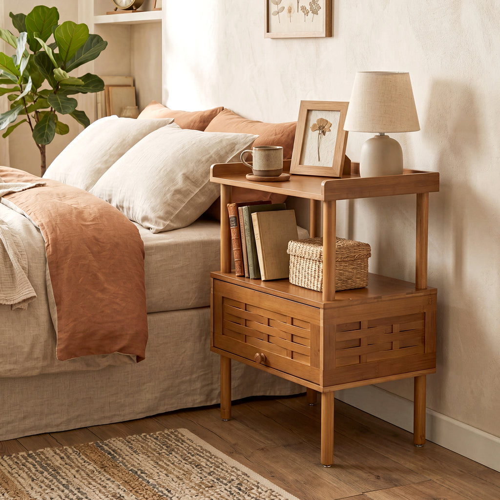 Bamboo Rattan Nightstand with Flip-Up Door & Shelf - Walnut