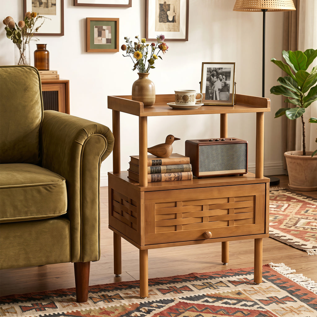 Bamboo Rattan Nightstand with Flip-Up Door & Shelf - Walnut