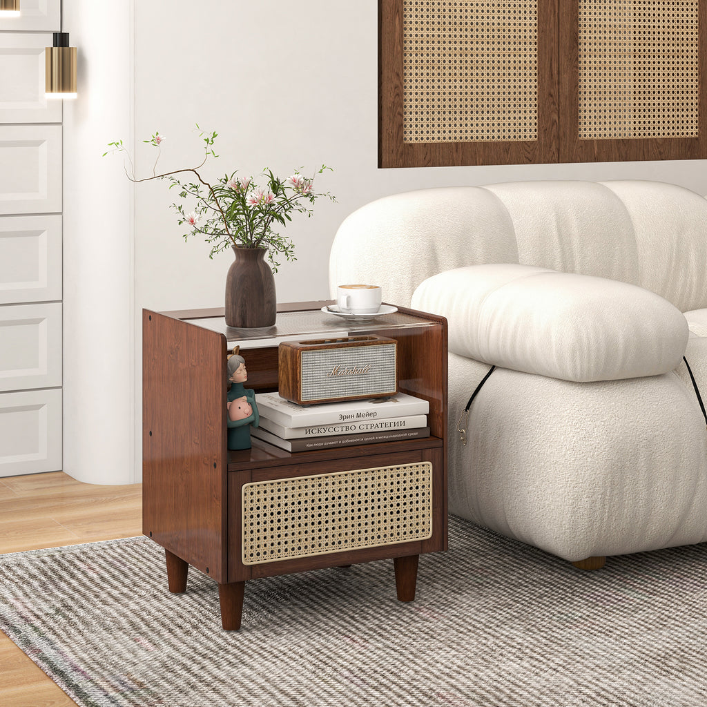 Bamboo Rattan Nightstand with Drawer and Solid Wood Legs - Brown