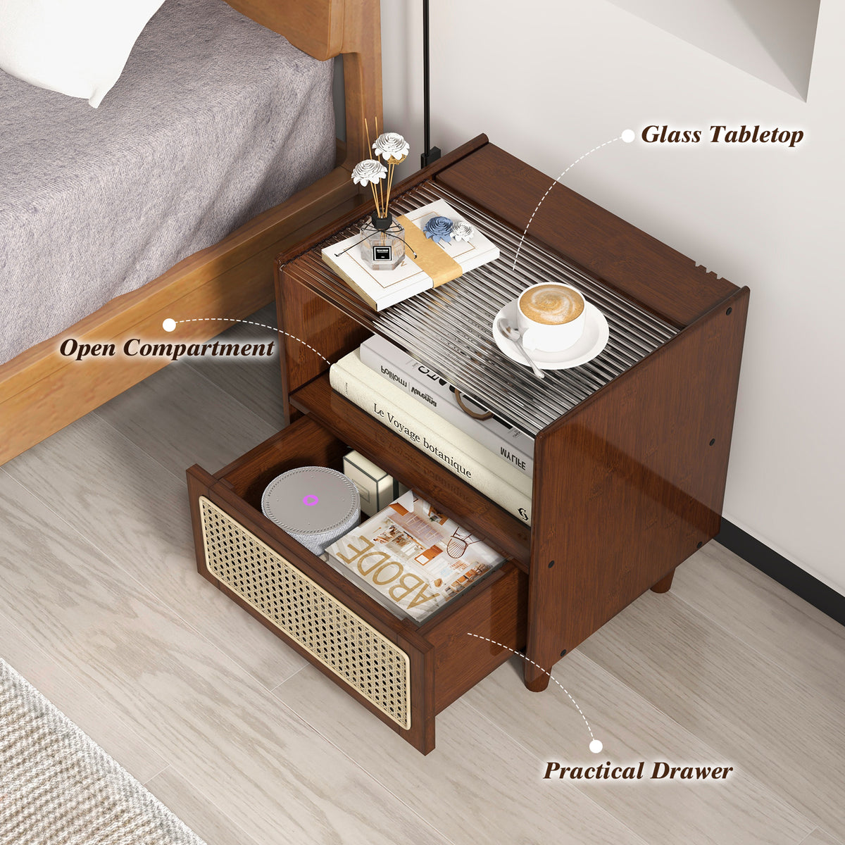 Bamboo Rattan Nightstand with Drawer and Solid Wood Legs - Brown