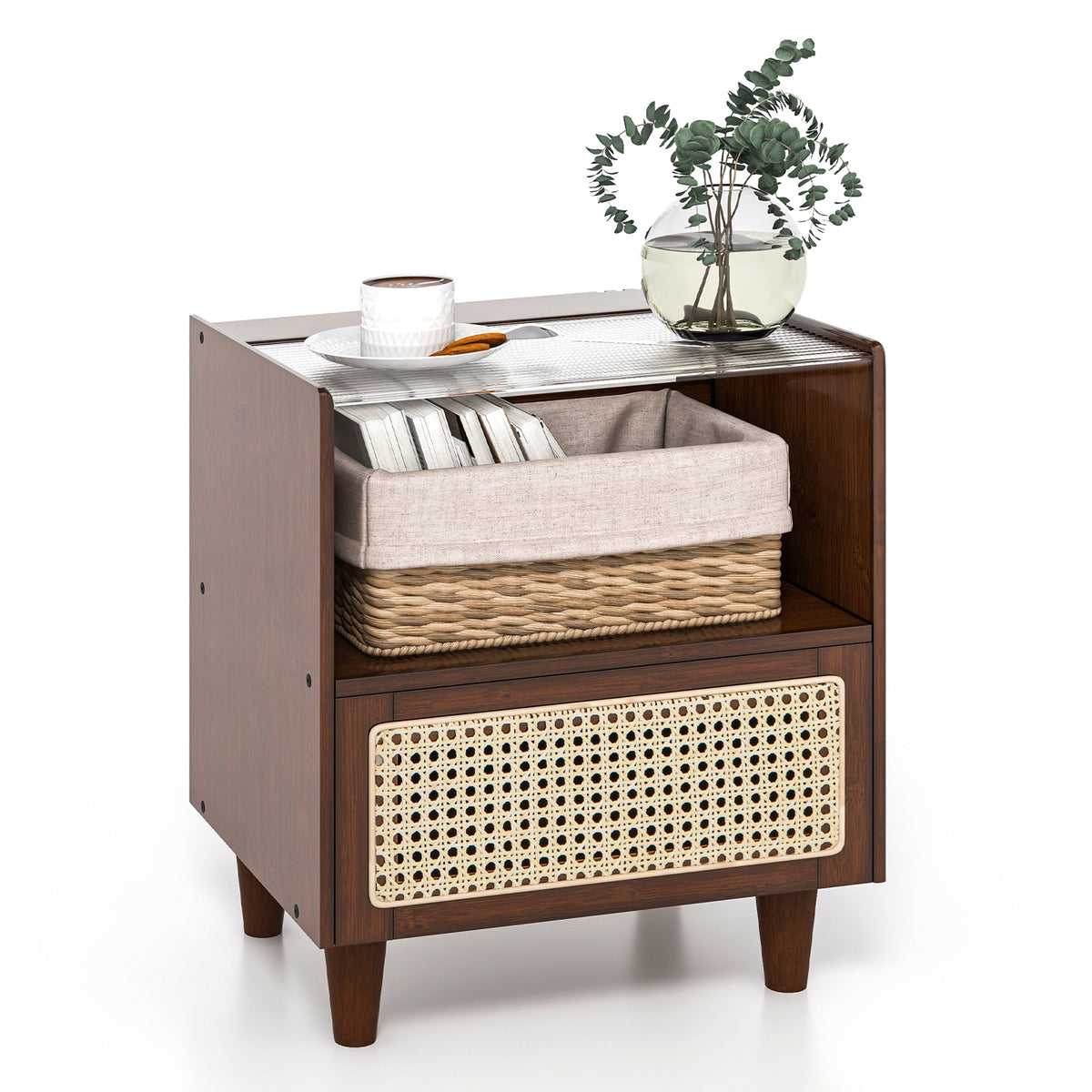 Bamboo Rattan Nightstand with Drawer and Solid Wood Legs - Brown