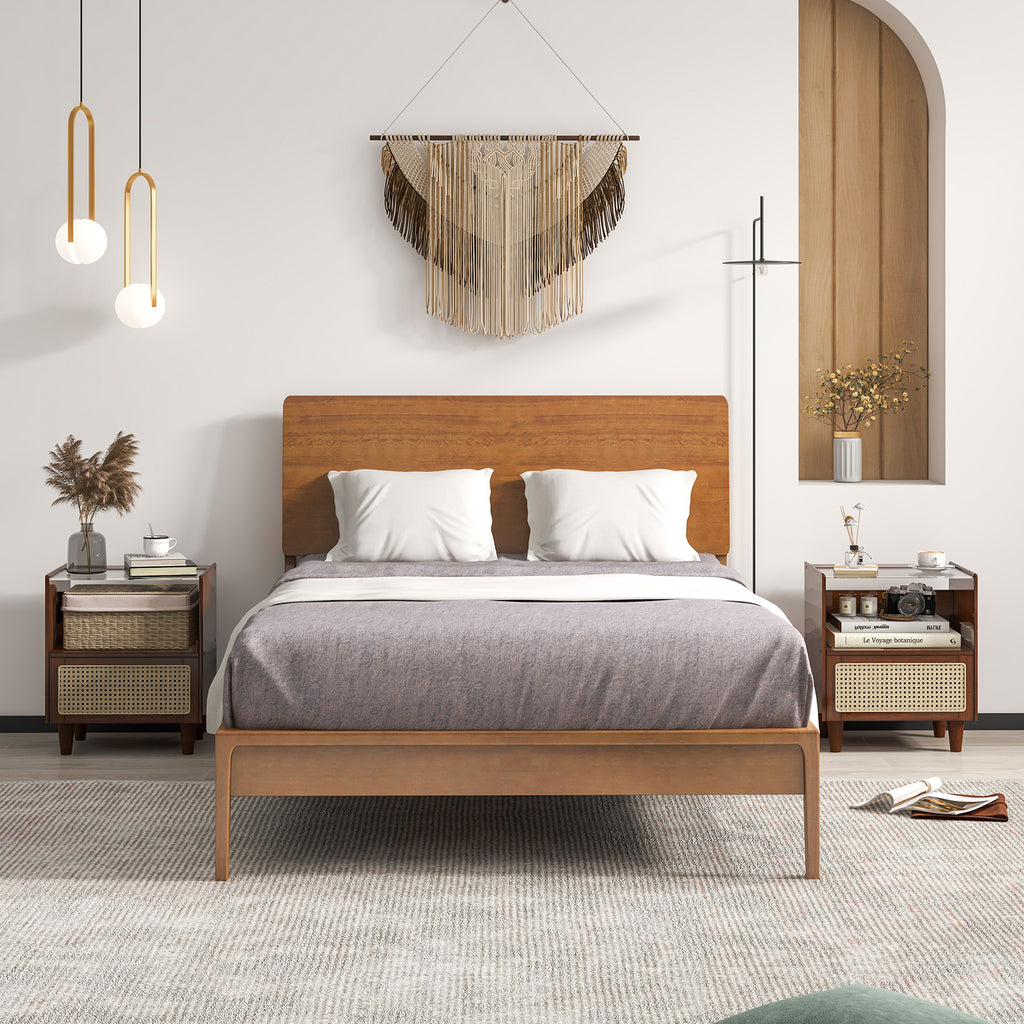 Bamboo Rattan Nightstand with Drawer and Solid Wood Legs - Brown