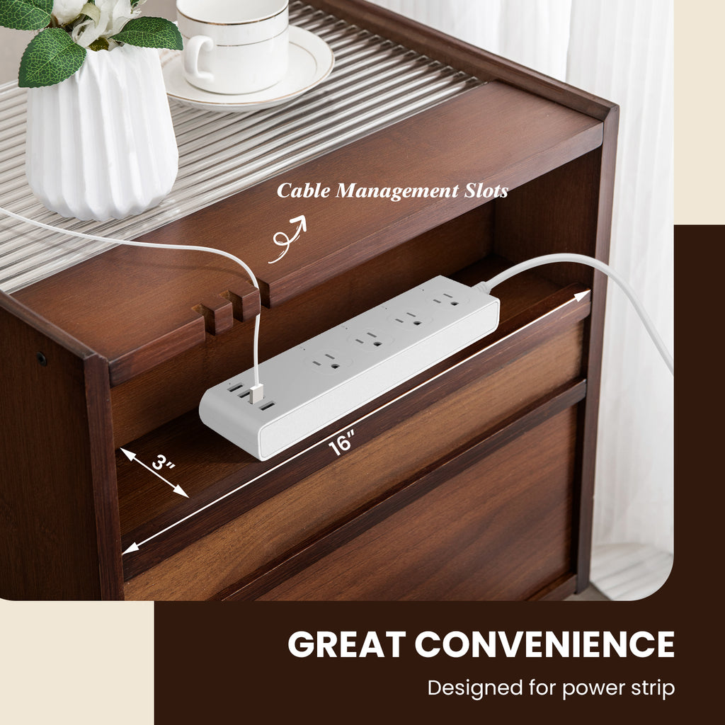 Bamboo Rattan Nightstand with Drawer and Solid Wood Legs - Brown