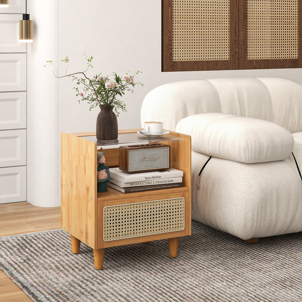 Bamboo Rattan Nightstand with Drawer and Solid Wood Legs - Brown