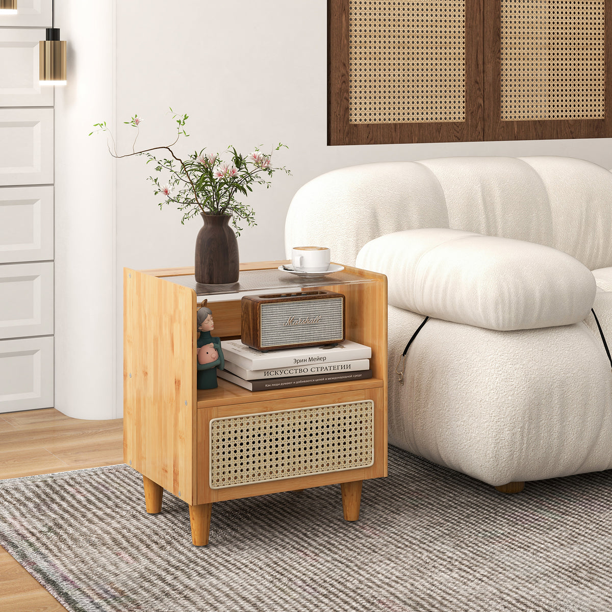 Bamboo Rattan Nightstand with Drawer and Solid Wood Legs - Brown