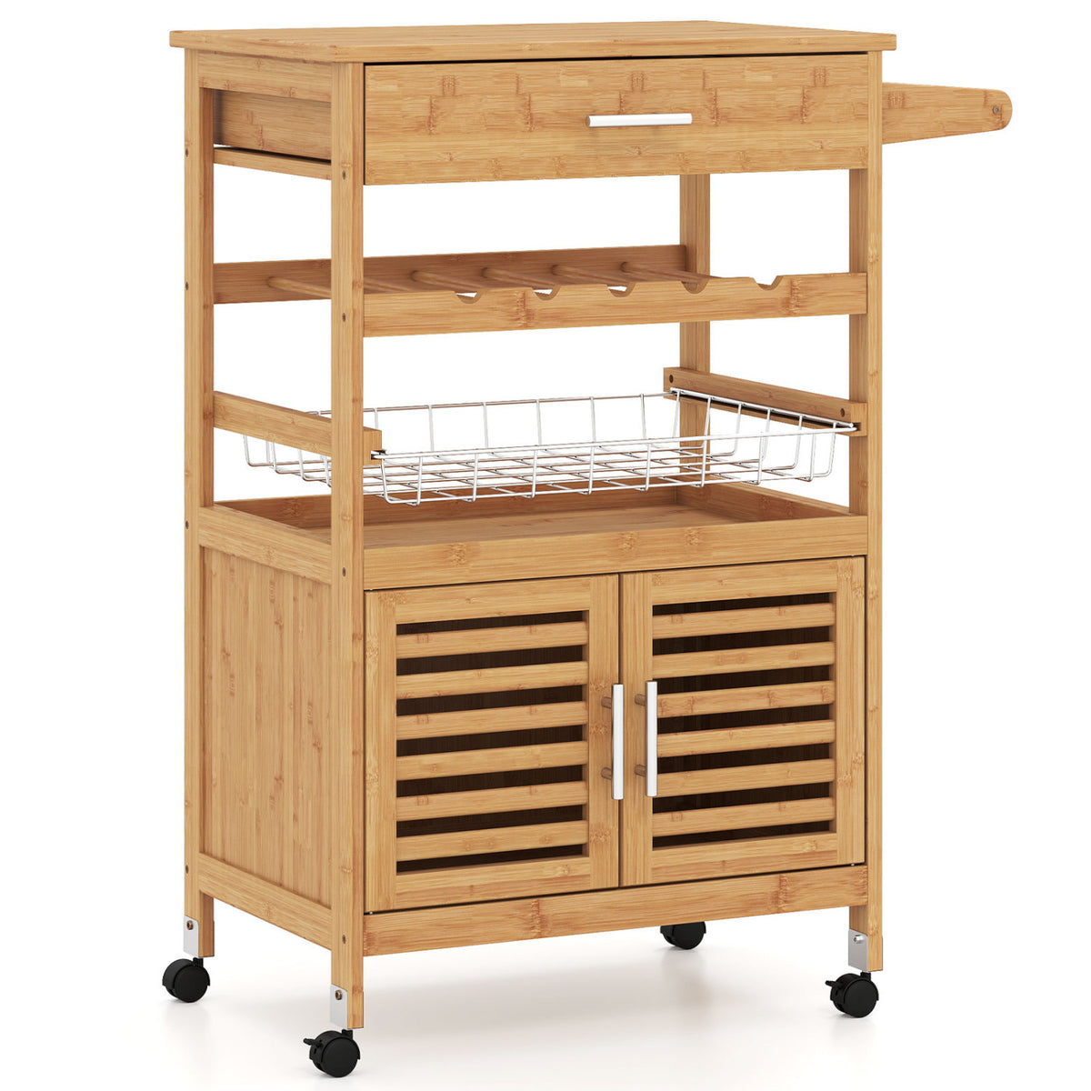 Bamboo Rolling Kitchen Island Trolley with Storage Cabinet and Wine Rack - Natural