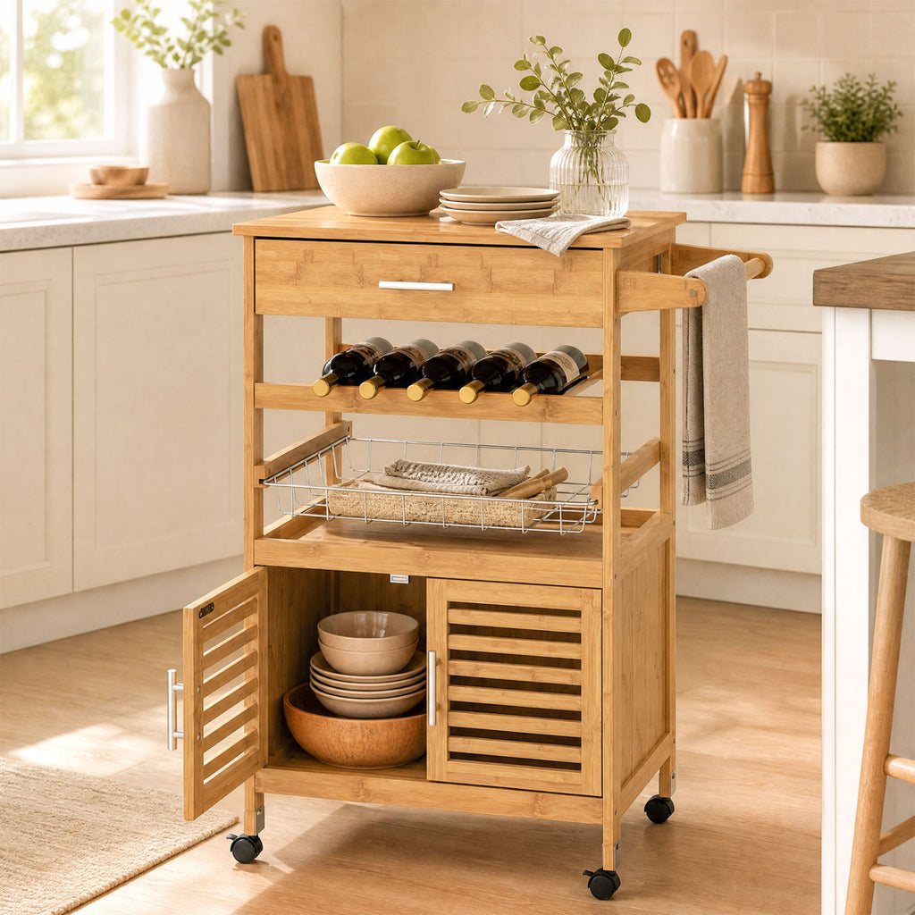 Bamboo Rolling Kitchen Island Trolley with Wine Rack - Natural