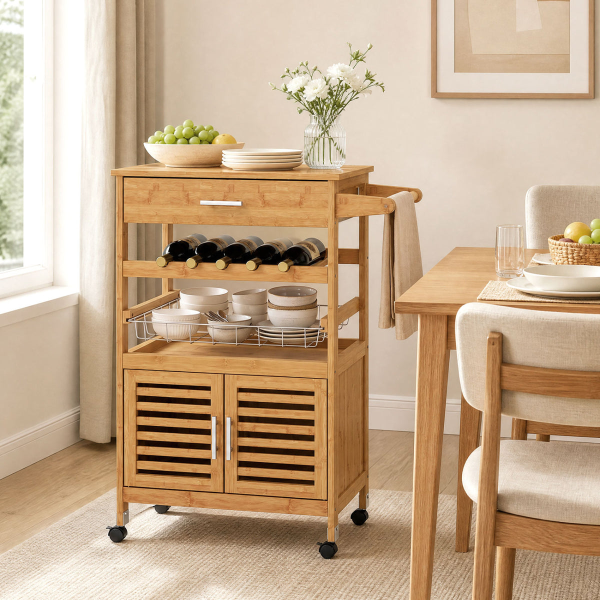 Bamboo Rolling Kitchen Island Trolley with Wine Rack - Natural