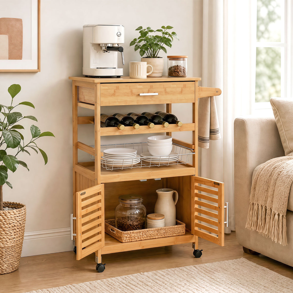 Bamboo Rolling Kitchen Island Trolley with Wine Rack - Natural