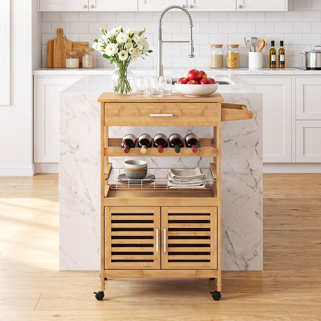 Bamboo Rolling Kitchen Island Trolley with Wine Rack - Natural