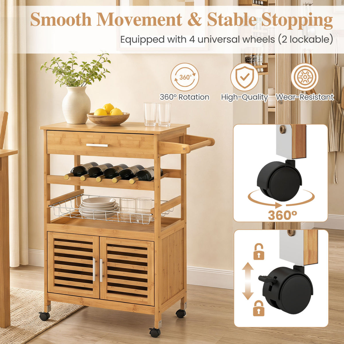 Bamboo Rolling Kitchen Island Trolley with Wine Rack - Natural