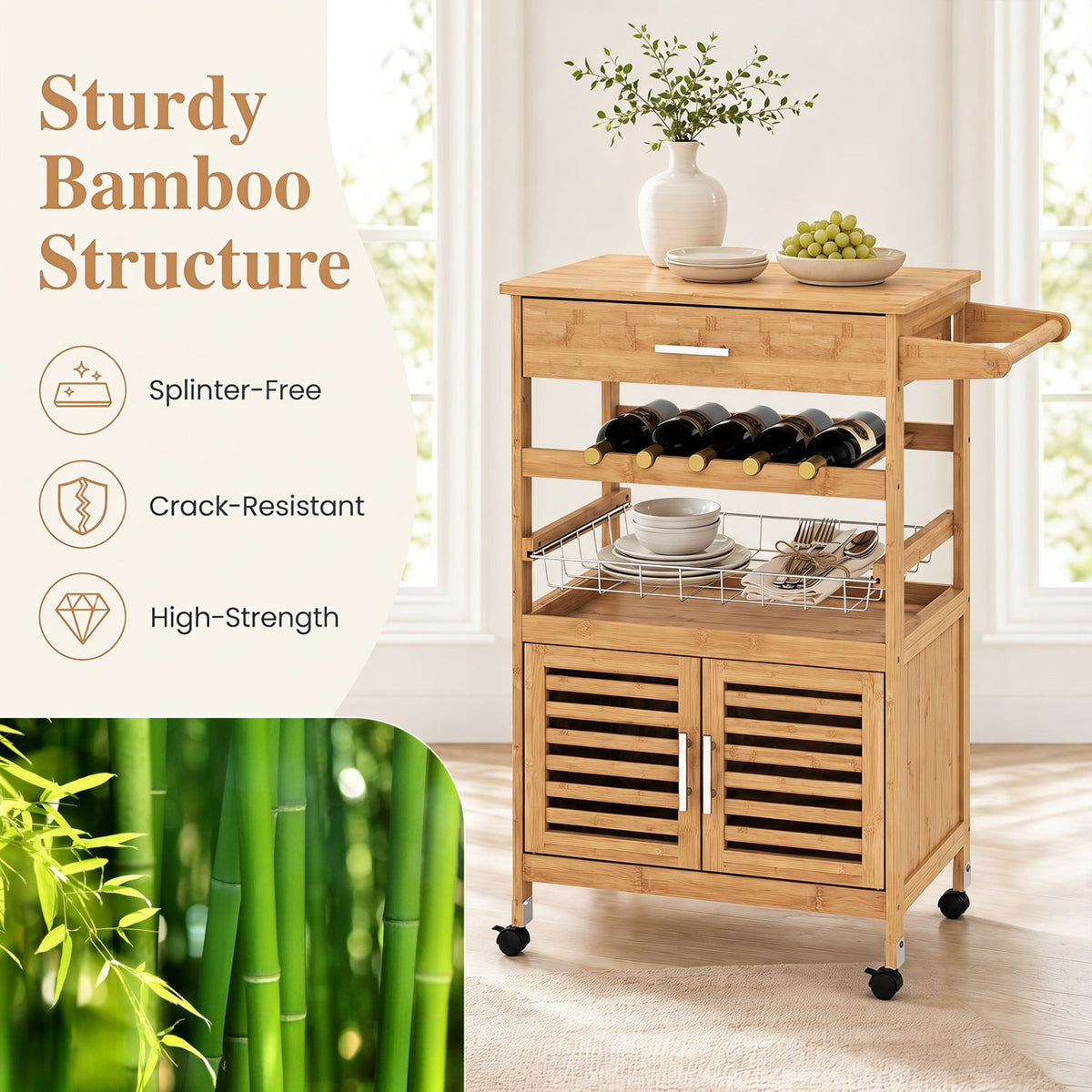 Bamboo Rolling Kitchen Island Trolley with Storage Cabinet and Wine Rack - Natural